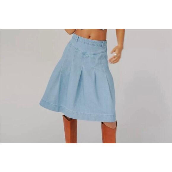 Free People Scout Denim Skirt Boho Aline Western Pleated Womens 0 100% Cotton - Picture 1 of 8